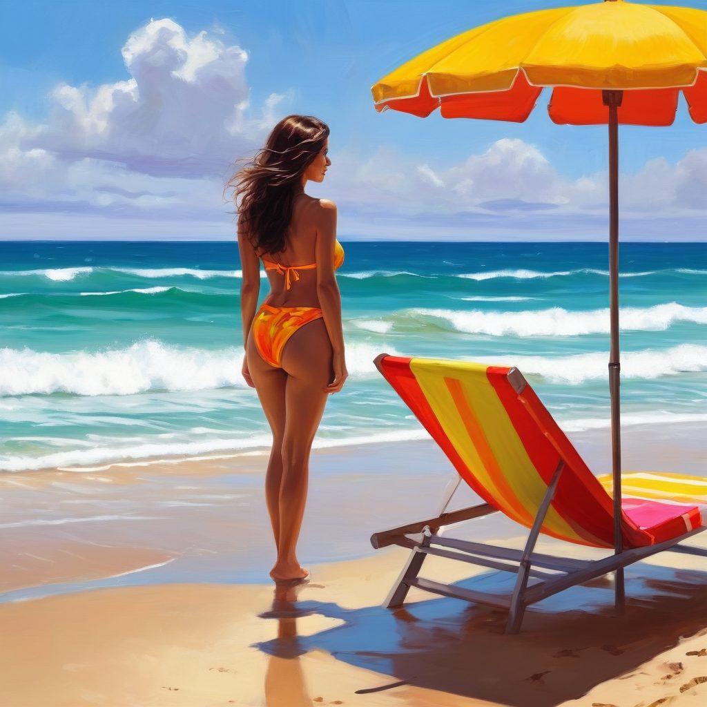 A sun-drenched beach scene with a stylish figure in a vibrant bikini, sipping a colorful cocktail while gazing thoughtfully at the ocean, embodying a mix of joy and melancholy. Soft waves lap at the shore with a hint of overcast skies, blending summer energy with reflective solitude. Include beach umbrellas and distant silhouettes of people enjoying summer fun to contrast with the figure's contemplative mood. vivid colors, soft focus. digital painting.