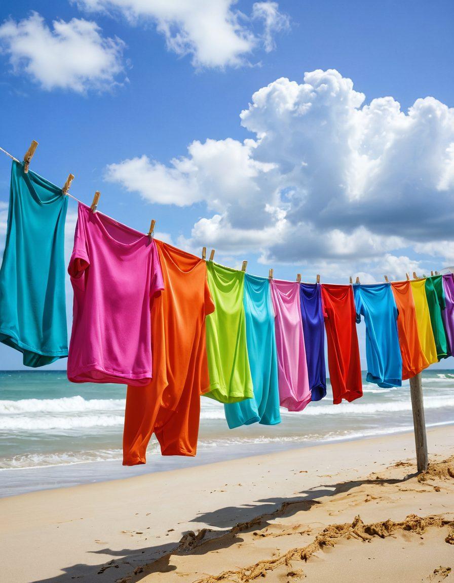 A serene beach scene showcasing a variety of colorful swimwear hanging on a clothesline, with subtle waves in the background symbolizing sadness. A soft melancholic sky in pastel colors with clouds mimicking emotions adds depth. The water reflects the colors of the swimwear, creating a connection between mood and attire. Artistic splashes of color contrast promote a transition from sadness to tranquility. painting. vibrant colors. soft focus.